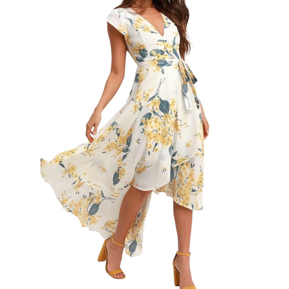 Lulus French Countryside White and Yellow Floral Print High-Low Dress S